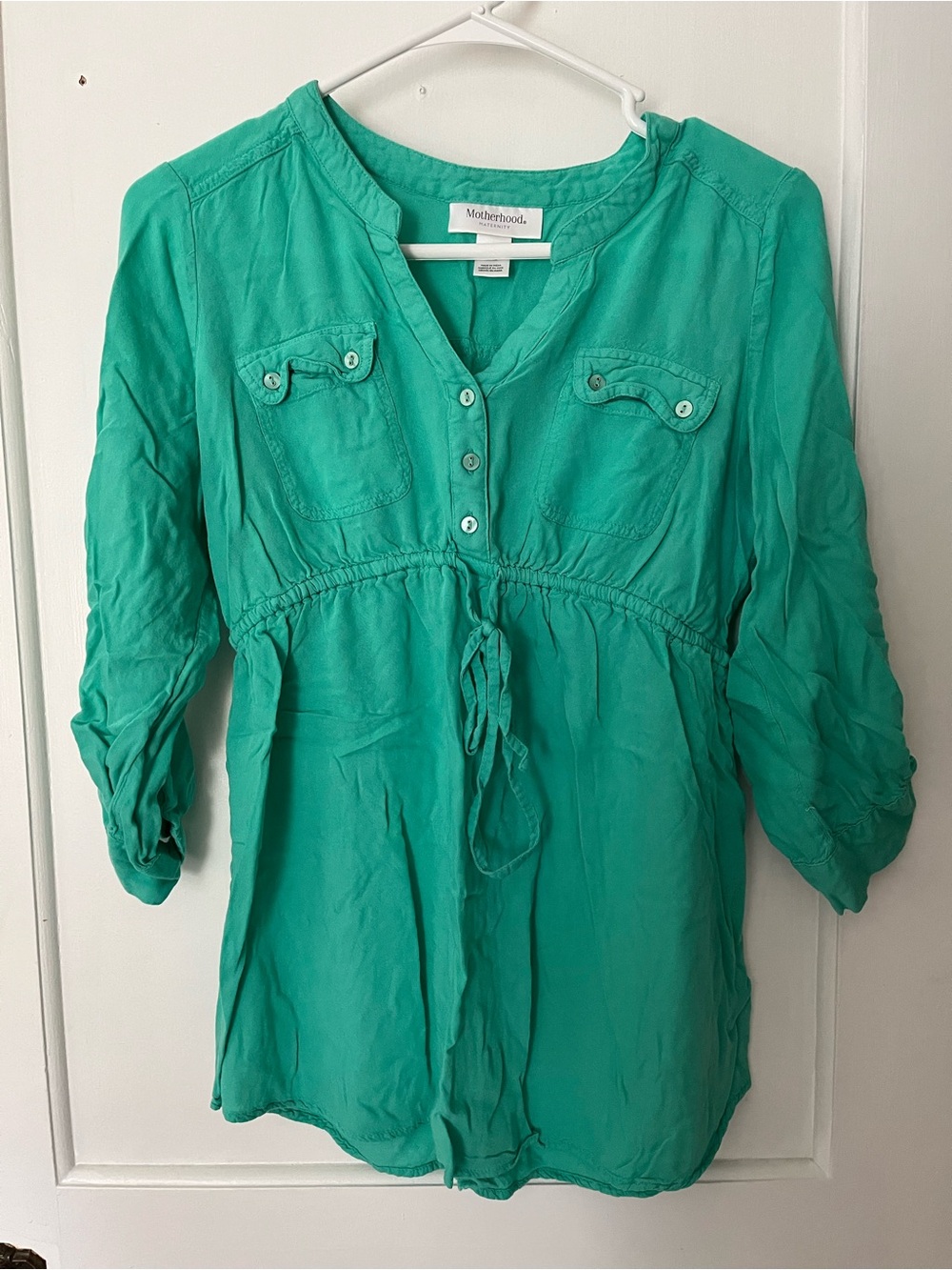Motherhood Maternity Teal Button-Front Tie-Waist Maternity Blouse